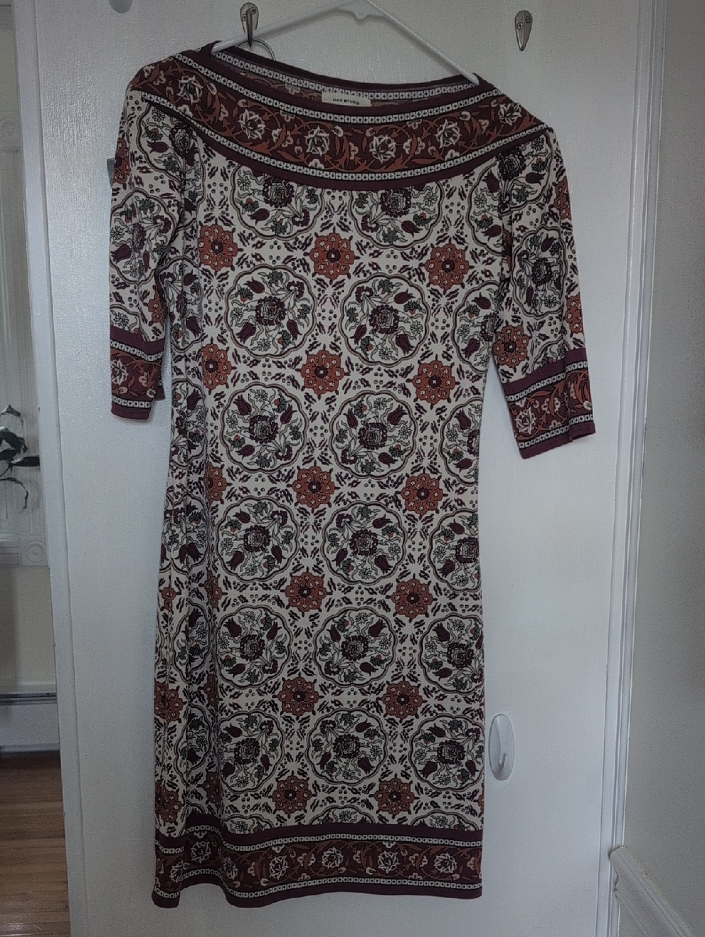 Max Studio Cream Midi Dress with Rust Floral Medallion Print